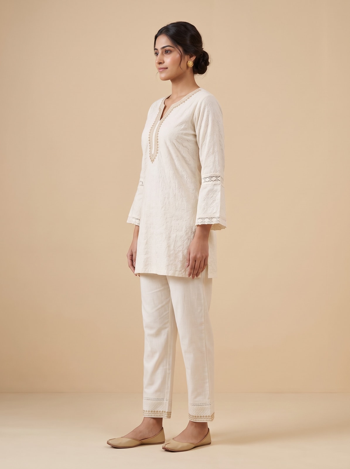White Pure Cotton Schiffli Top Bottom Set - Image 3