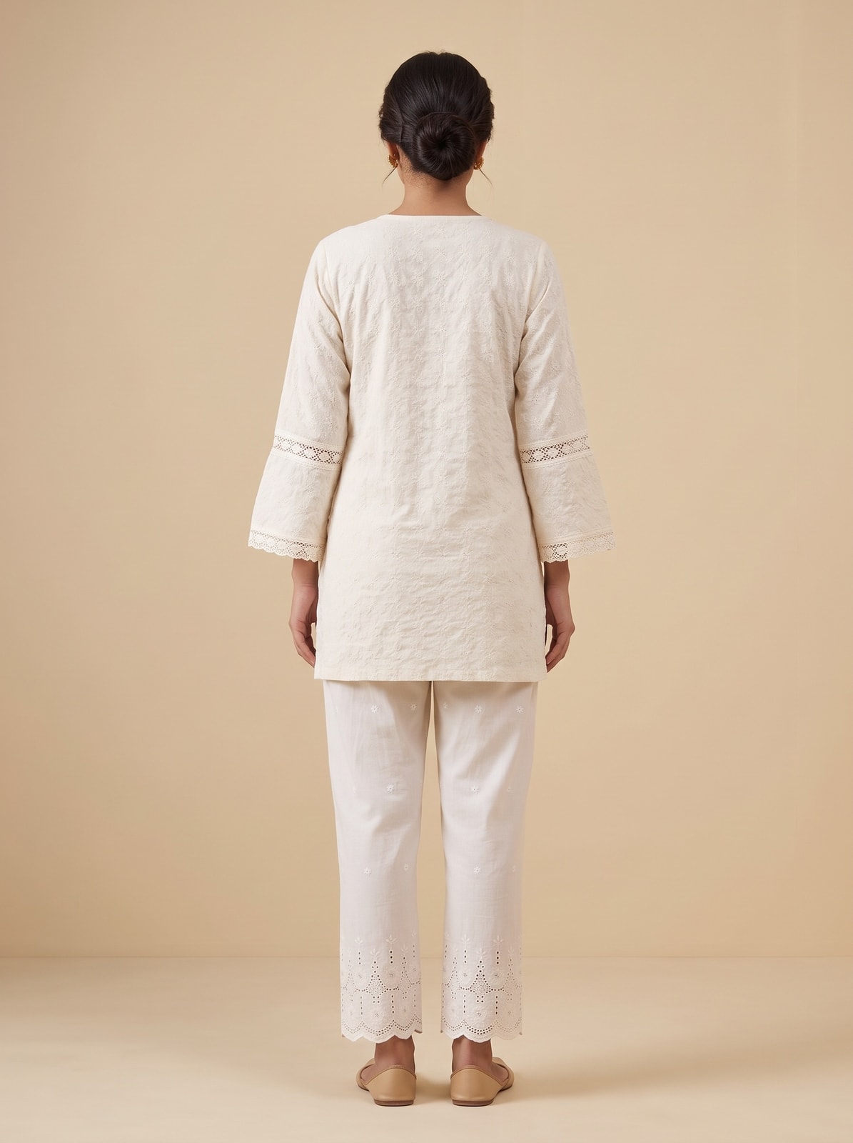 White Pure Cotton Schiffli Top Bottom Set - Image 4