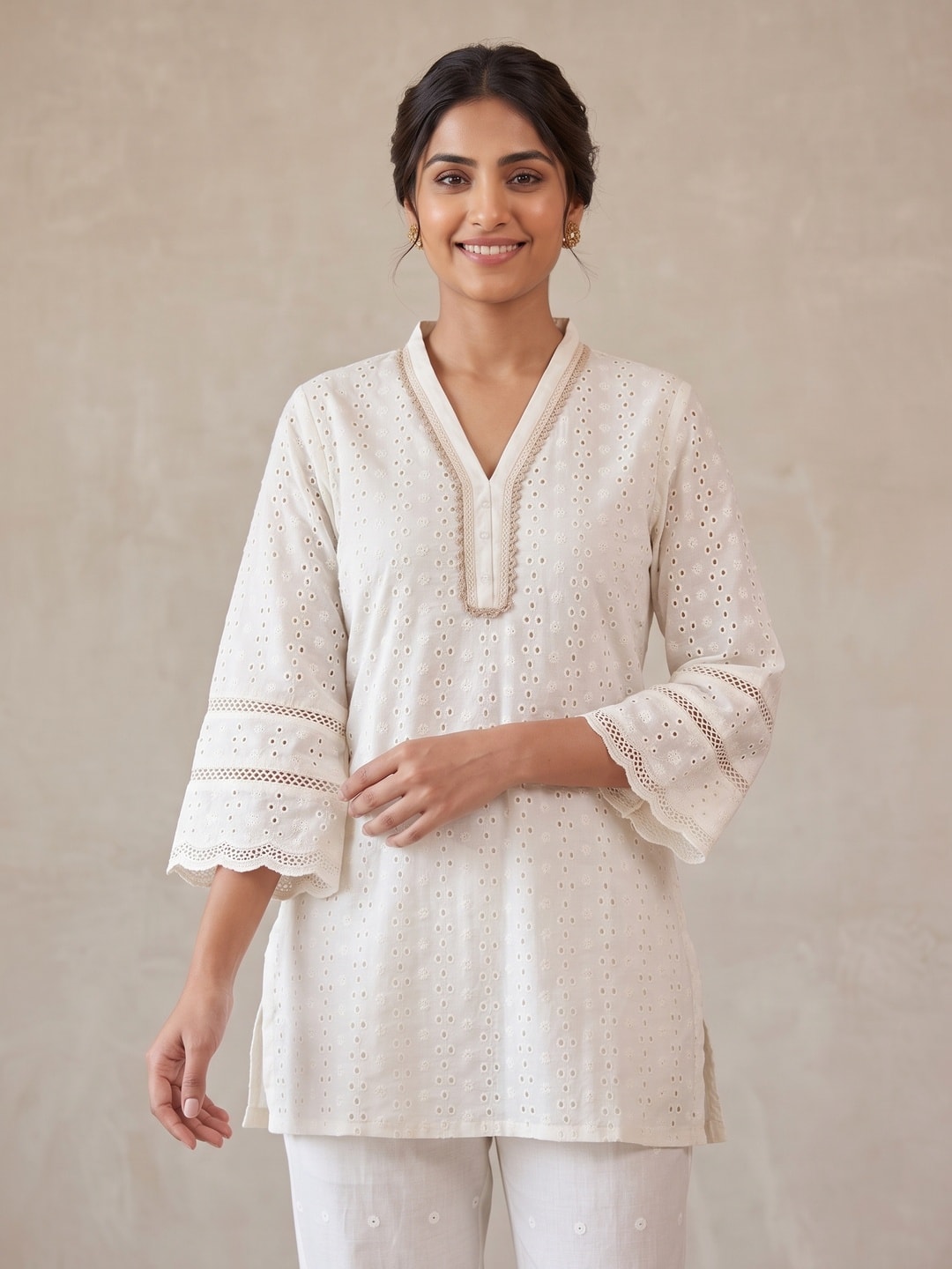 White Pure Cotton Schiffli Top Bottom Set - Image 5