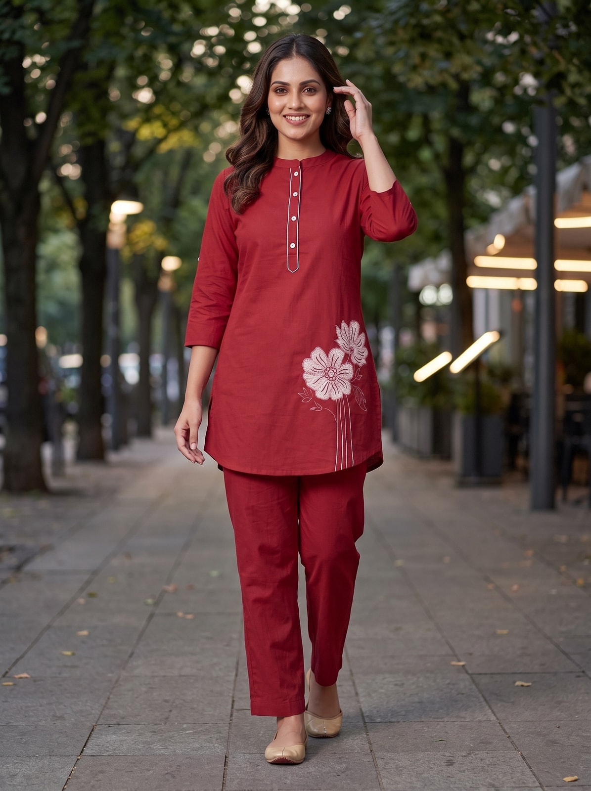 Peachmode Red Pure Cotton Floral Embroidered Co-ord Set - Image 2