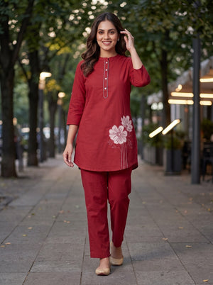 Peachmode Red Pure Cotton Floral Embroidered Co-ord Set - Image 2