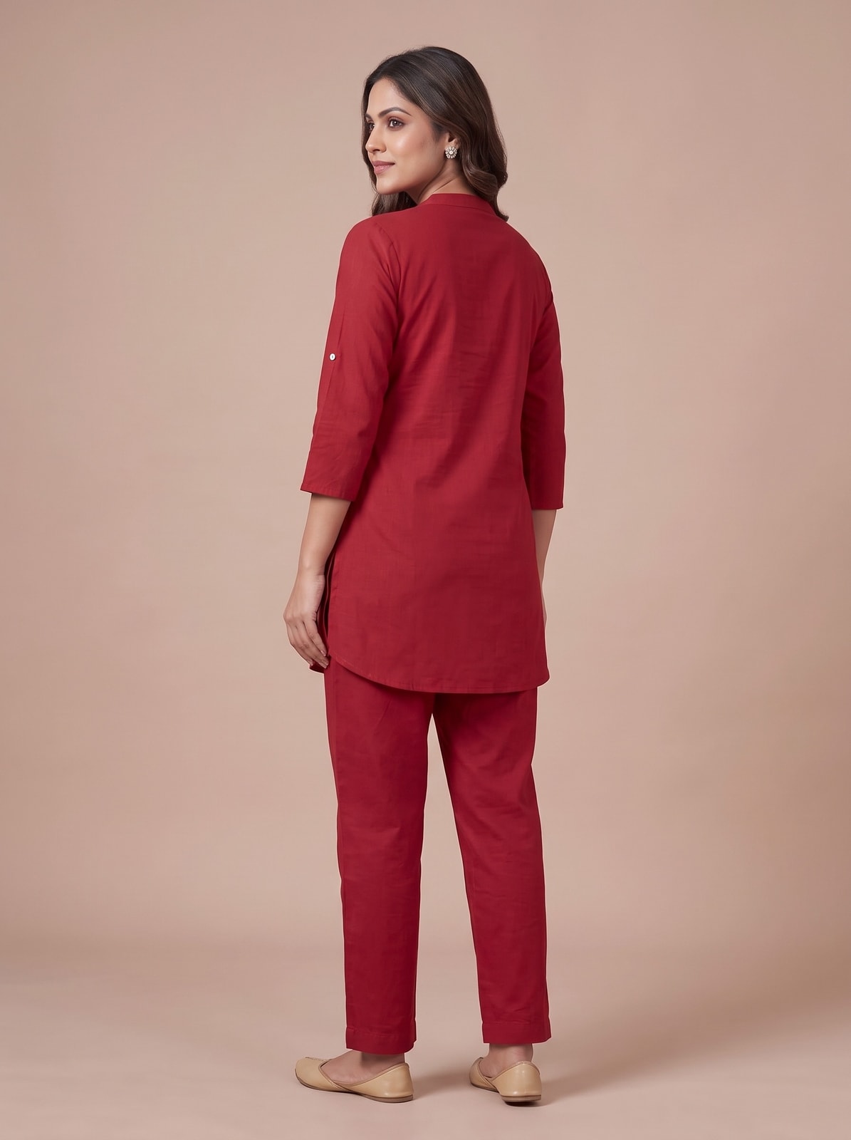Peachmode Red Pure Cotton Floral Embroidered Co-ord Set - Image 4