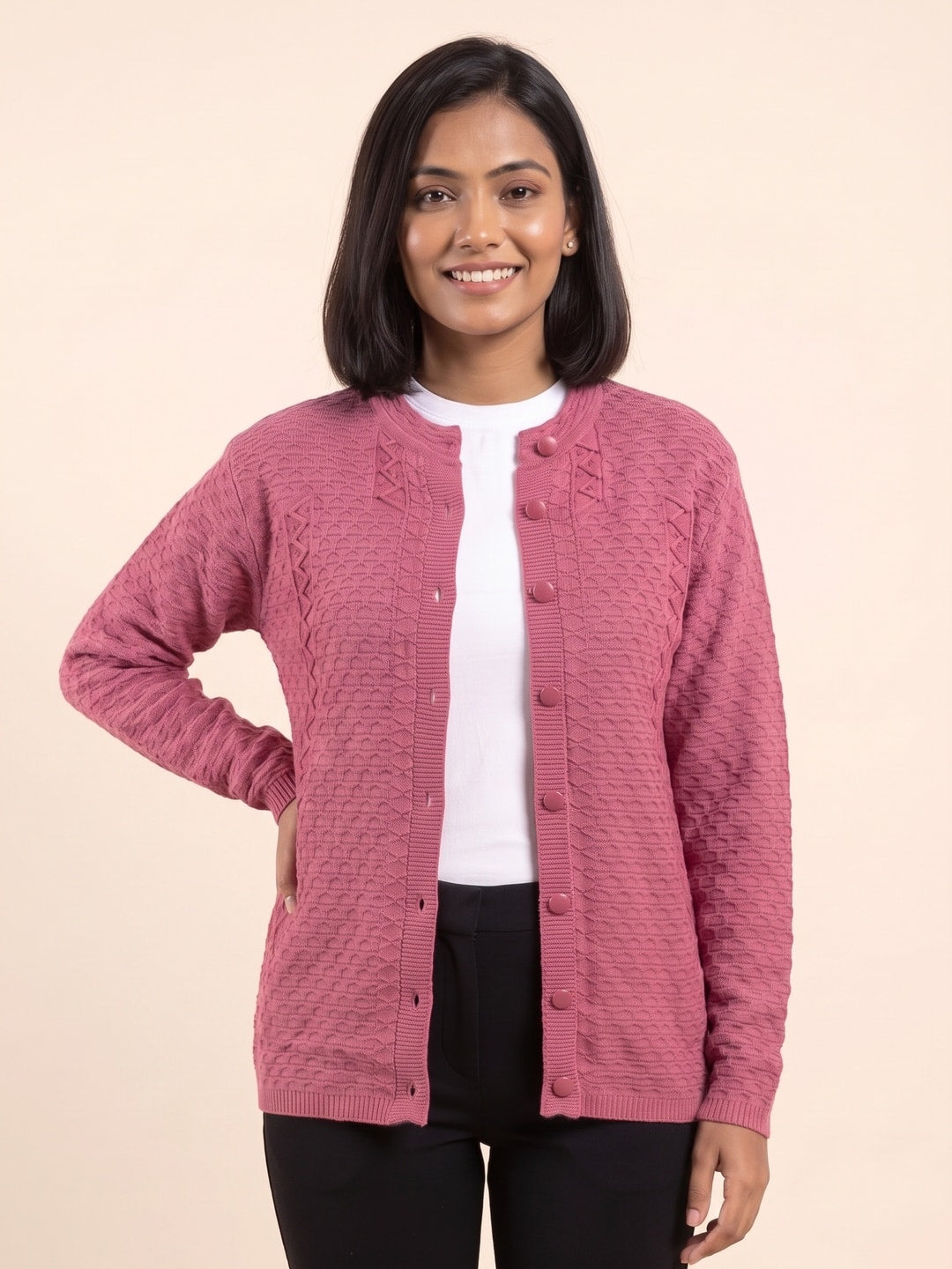 Peachmode Rose Pink Cable Knit Woolen Cardigan - Image 1