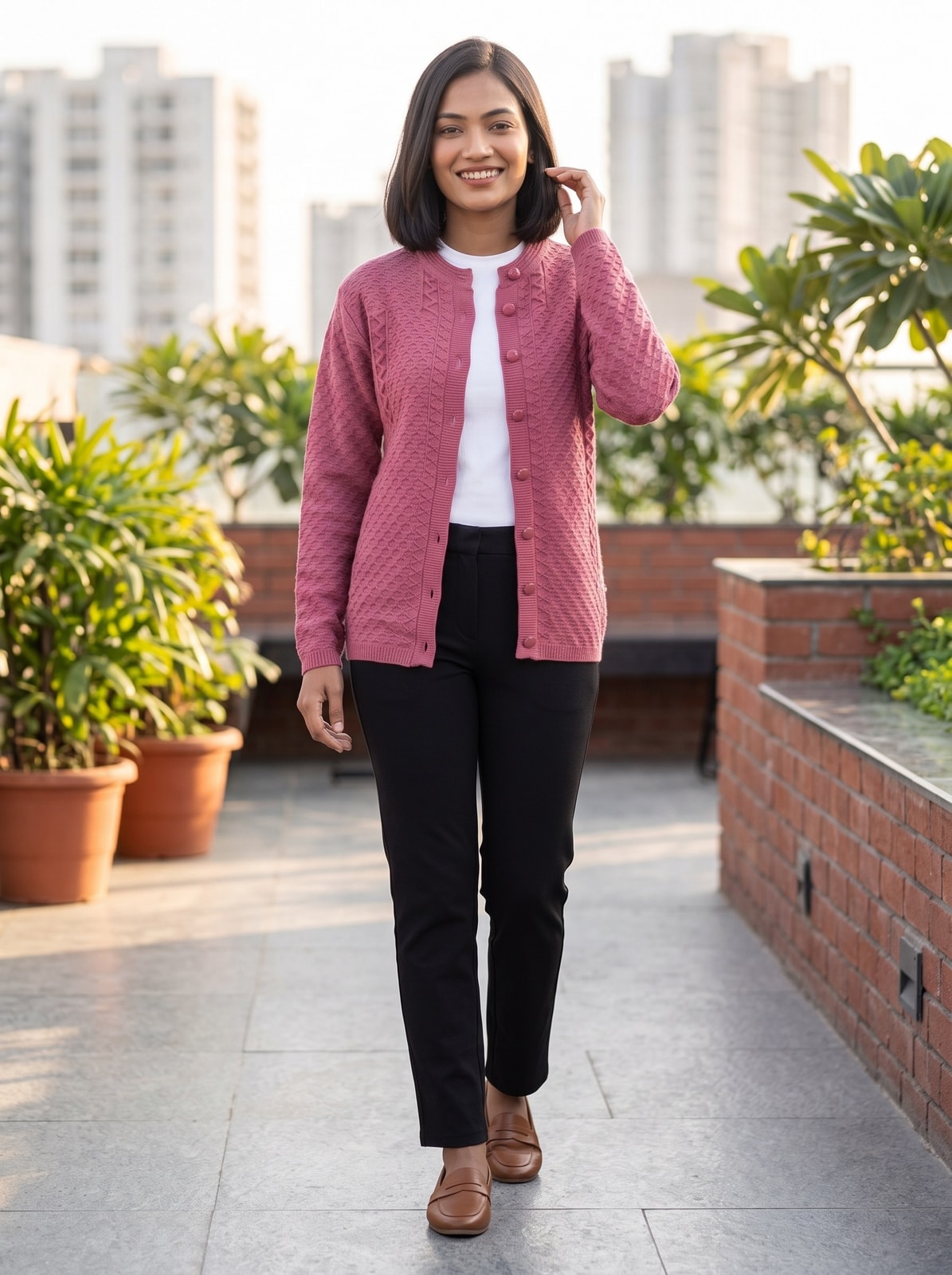 Peachmode Rose Pink Cable Knit Woolen Cardigan - Image 2
