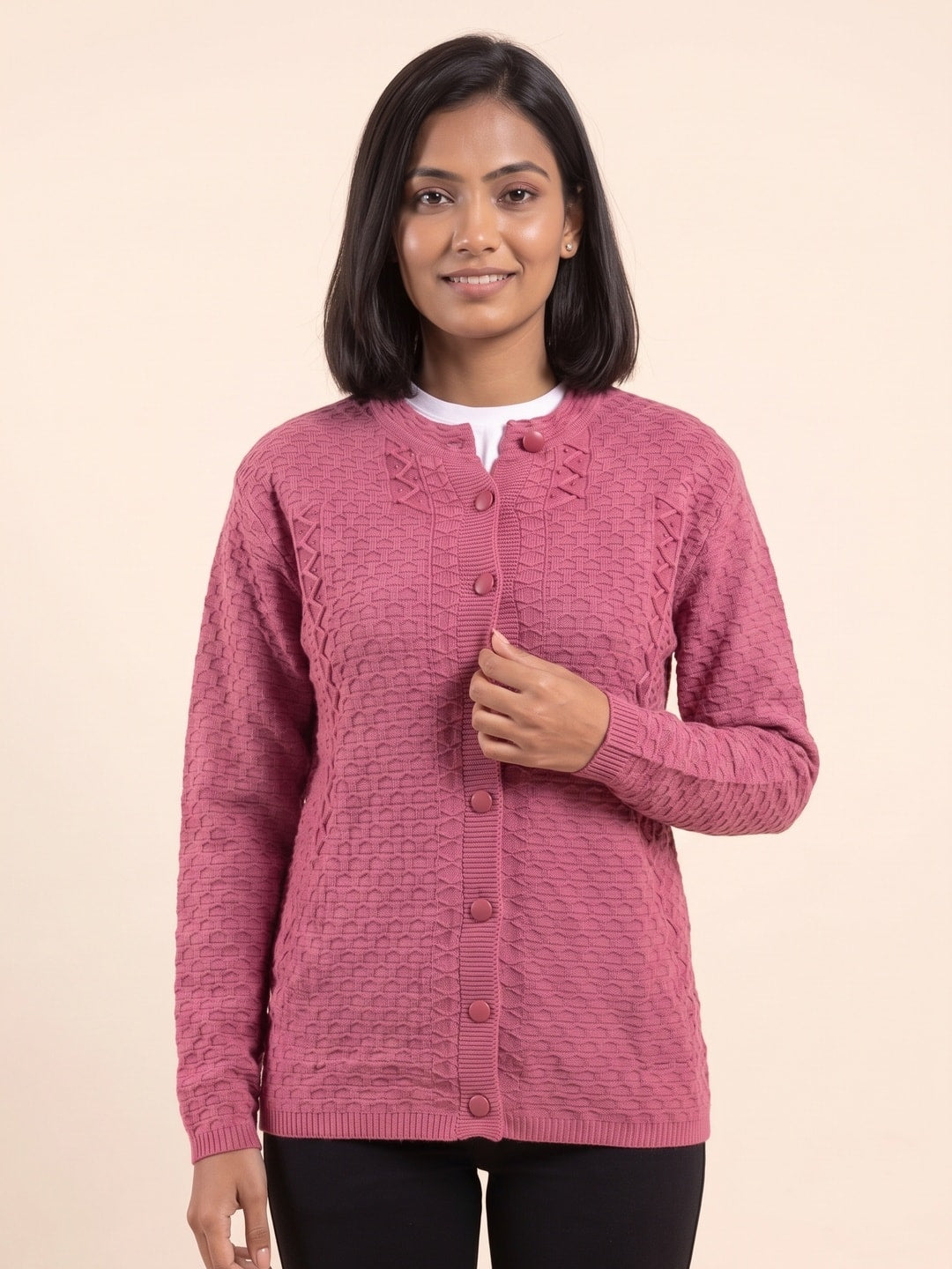 Peachmode Rose Pink Cable Knit Woolen Cardigan - Image 5