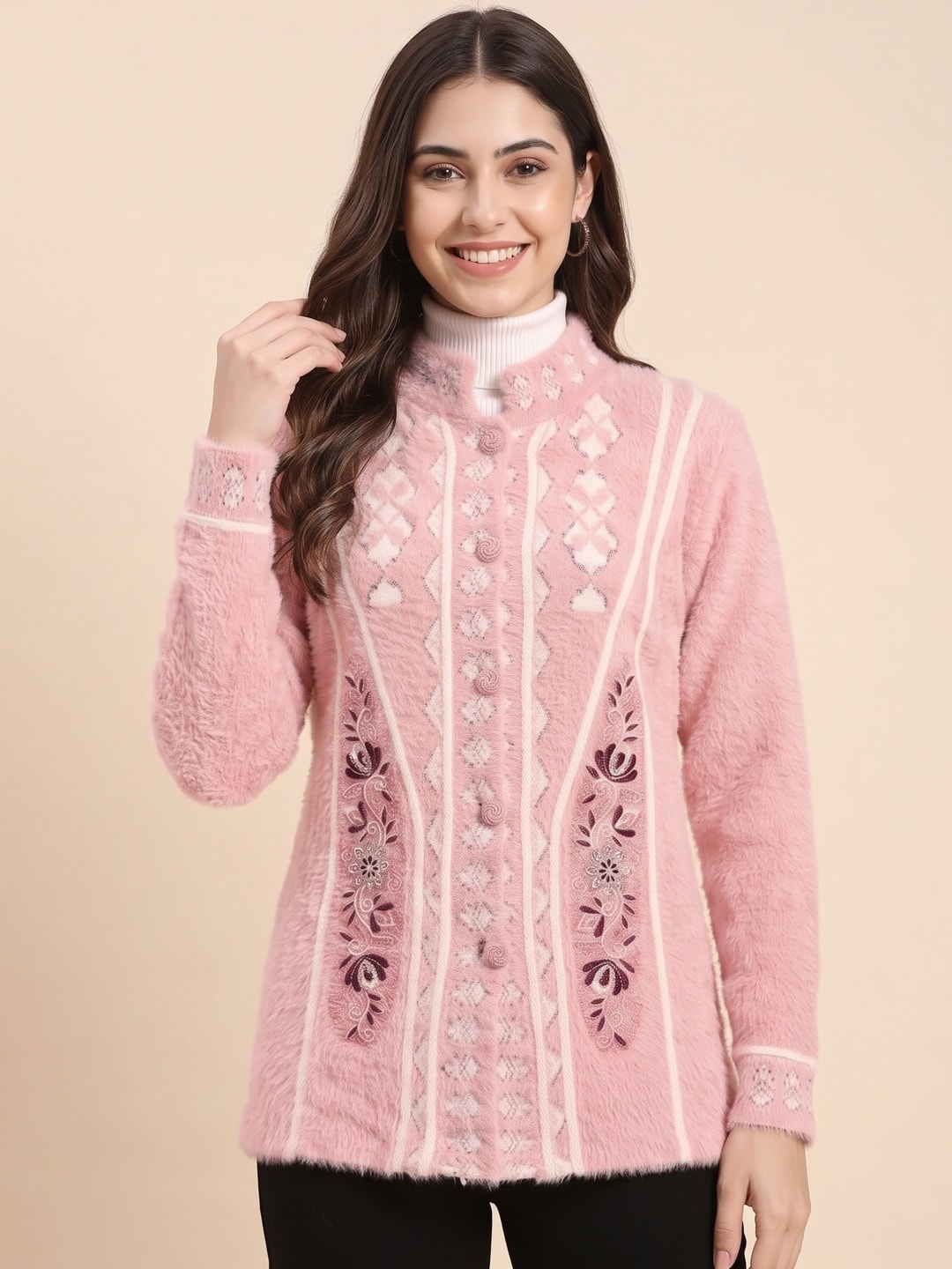 Peachmode Pink Fuzzy Jacquard Embroidered Woolen Cardigan - Image 4