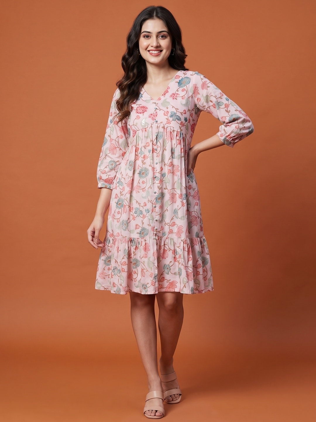 Peach Floral Printed Pure Cotton Dress - Image 1