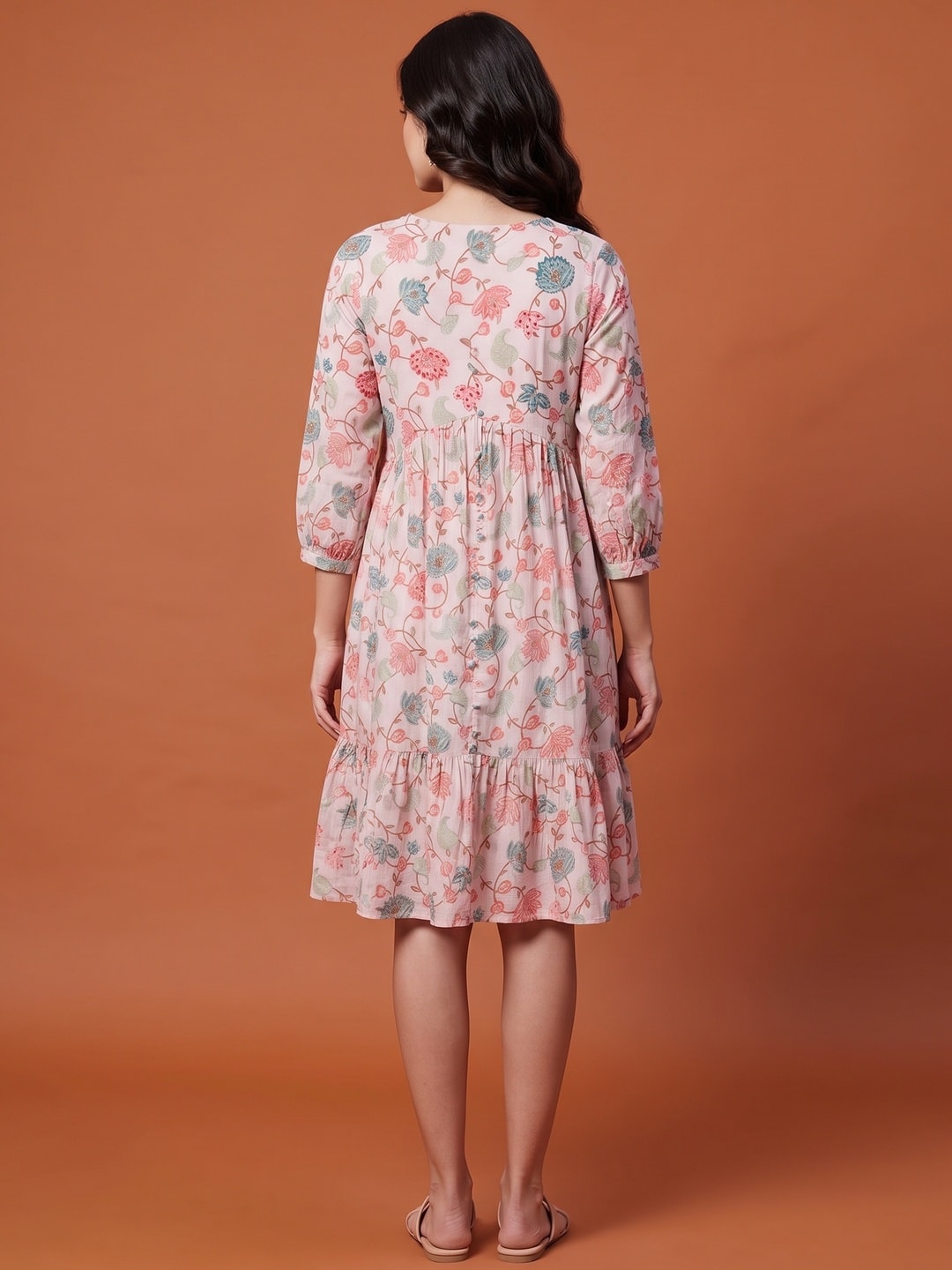 Peach Floral Printed Pure Cotton Dress - Image 4