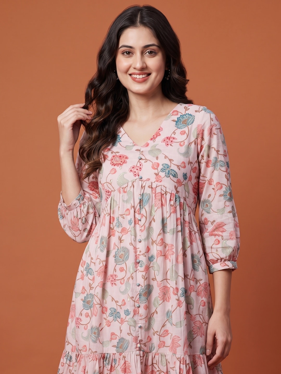 Peach Floral Printed Pure Cotton Dress - Image 5