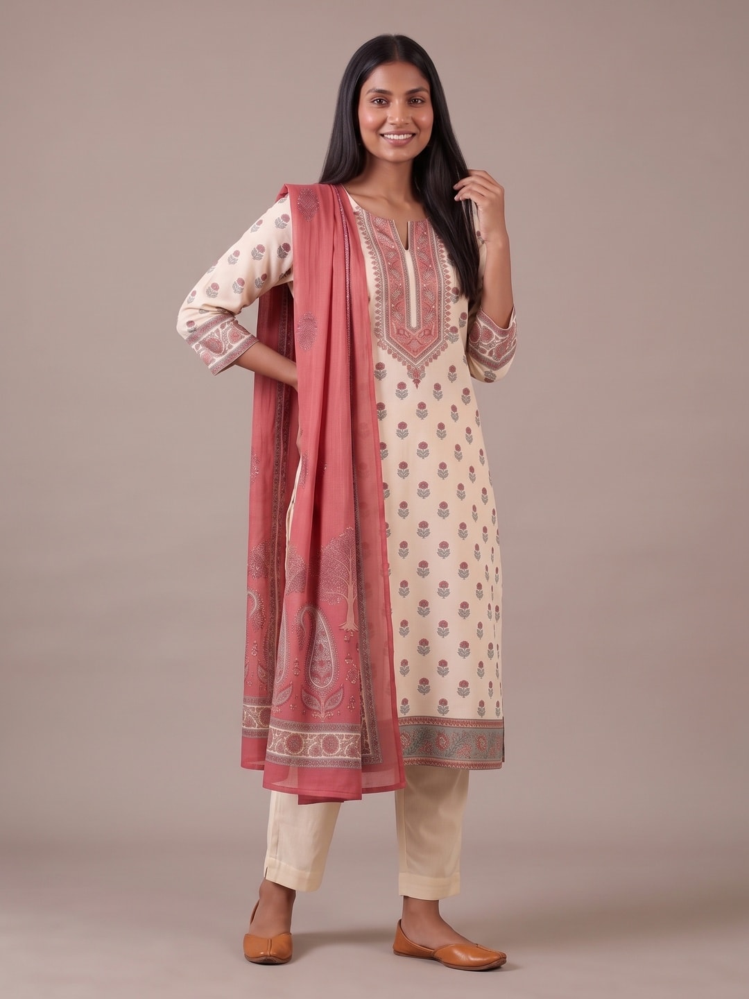 Peachmode Cream Muslin Embroidered Yoke Salwar Suit - Image 1