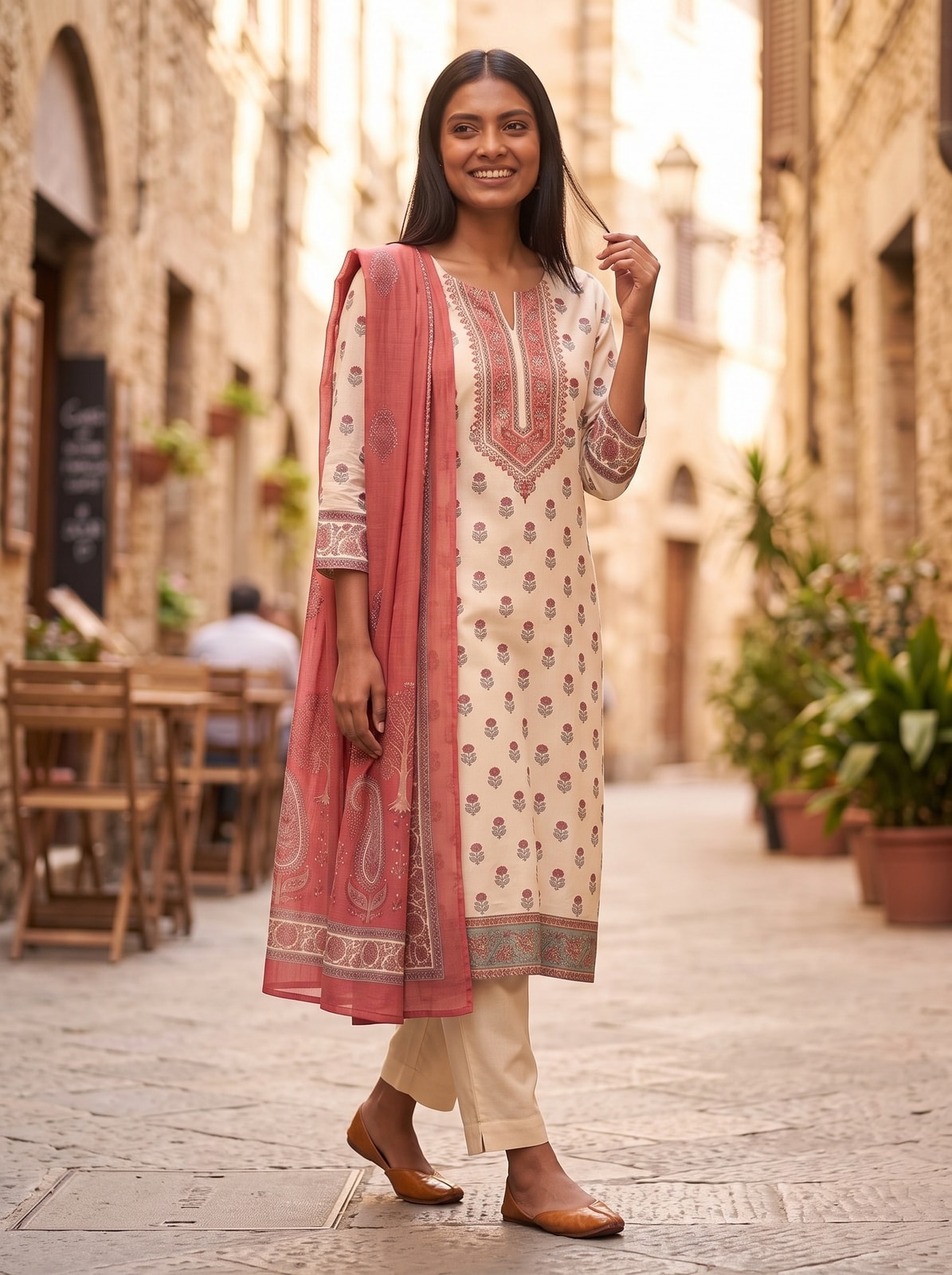 Peachmode Cream Muslin Embroidered Yoke Salwar Suit - Image 2