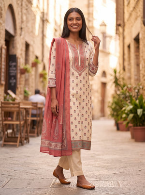 Peachmode Cream Muslin Embroidered Yoke Salwar Suit - Image 2
