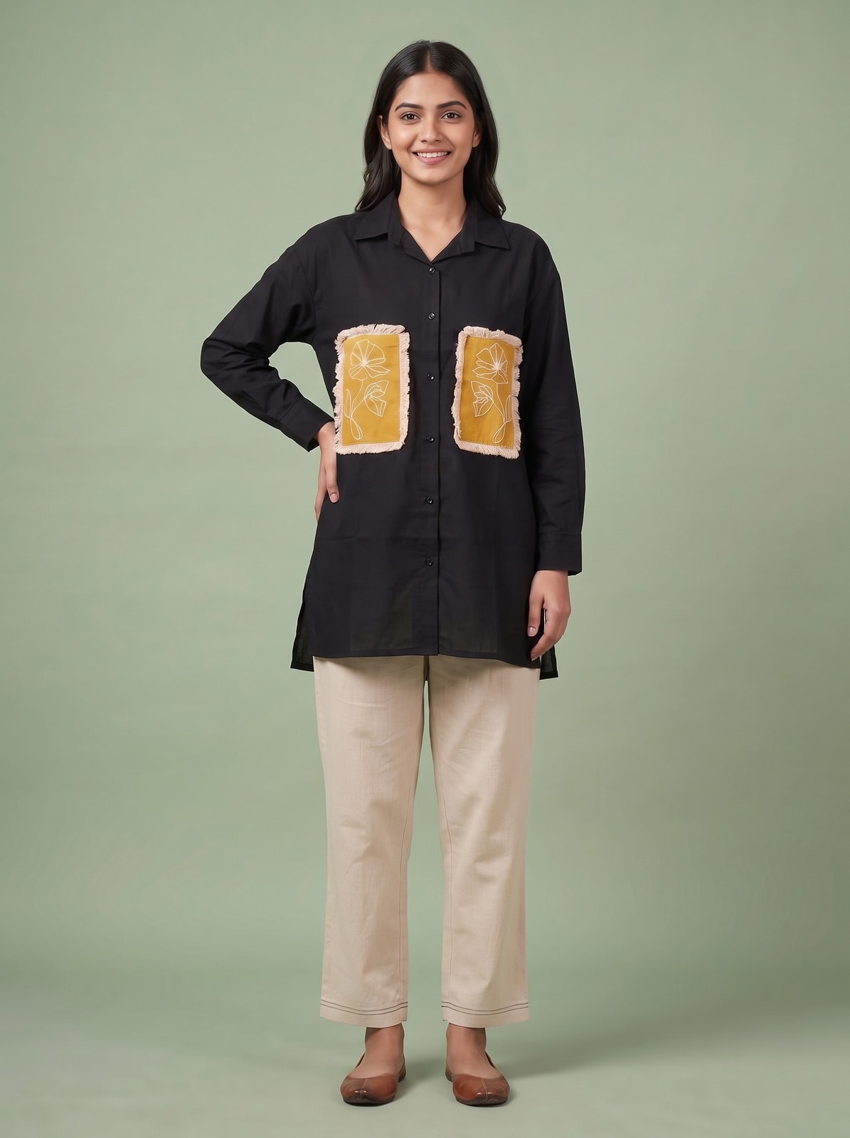 Peachmode Black Cotton Co-ord Set With Mustard Embroidered Patch Pockets - Image 1
