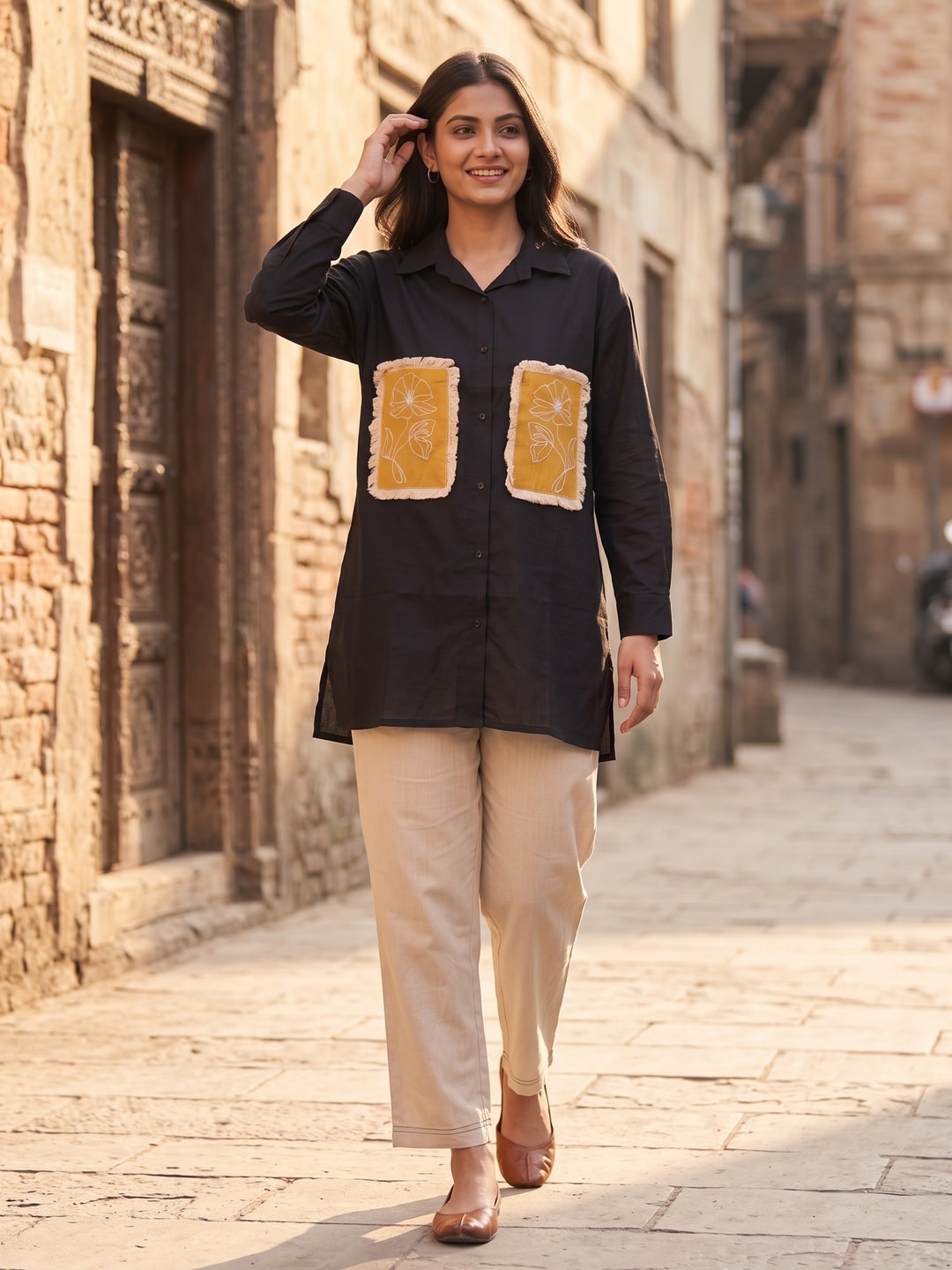 Peachmode Black Cotton Co-ord Set With Mustard Embroidered Patch Pockets - Image 2