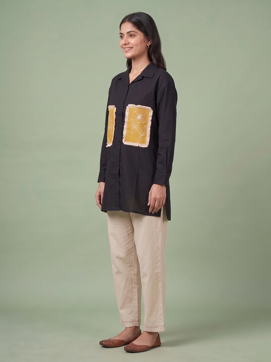 Peachmode Black Cotton Co-ord Set With Mustard Embroidered Patch Pockets - Image 3