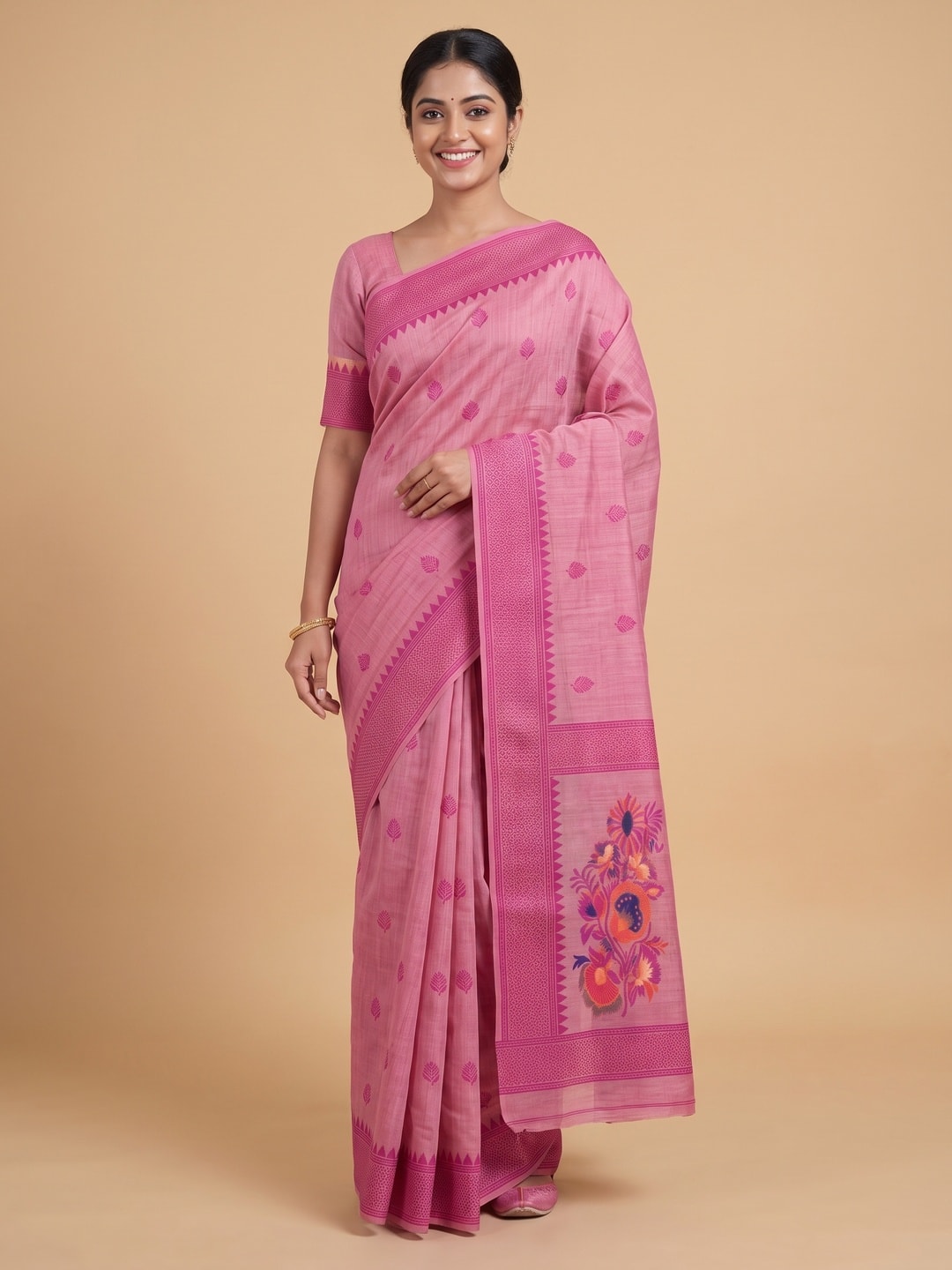 Peachmode Pink Jamdani Cotton Woven Saree - Image 1