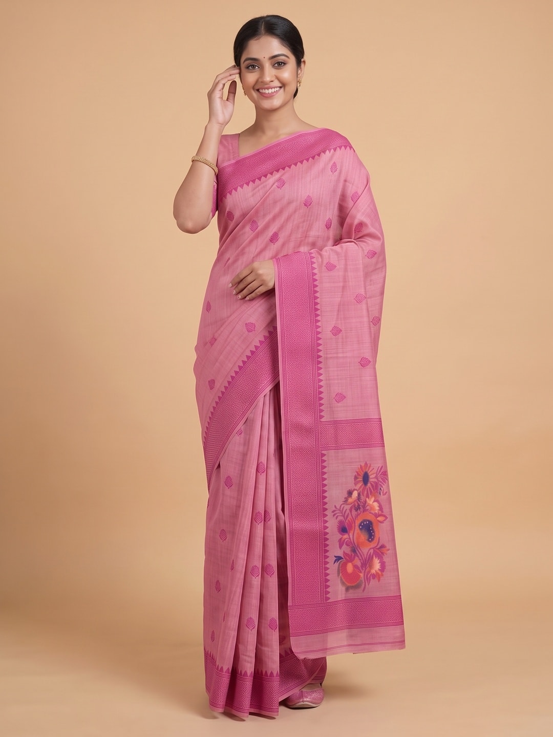 Peachmode Pink Jamdani Cotton Woven Saree - Image 4