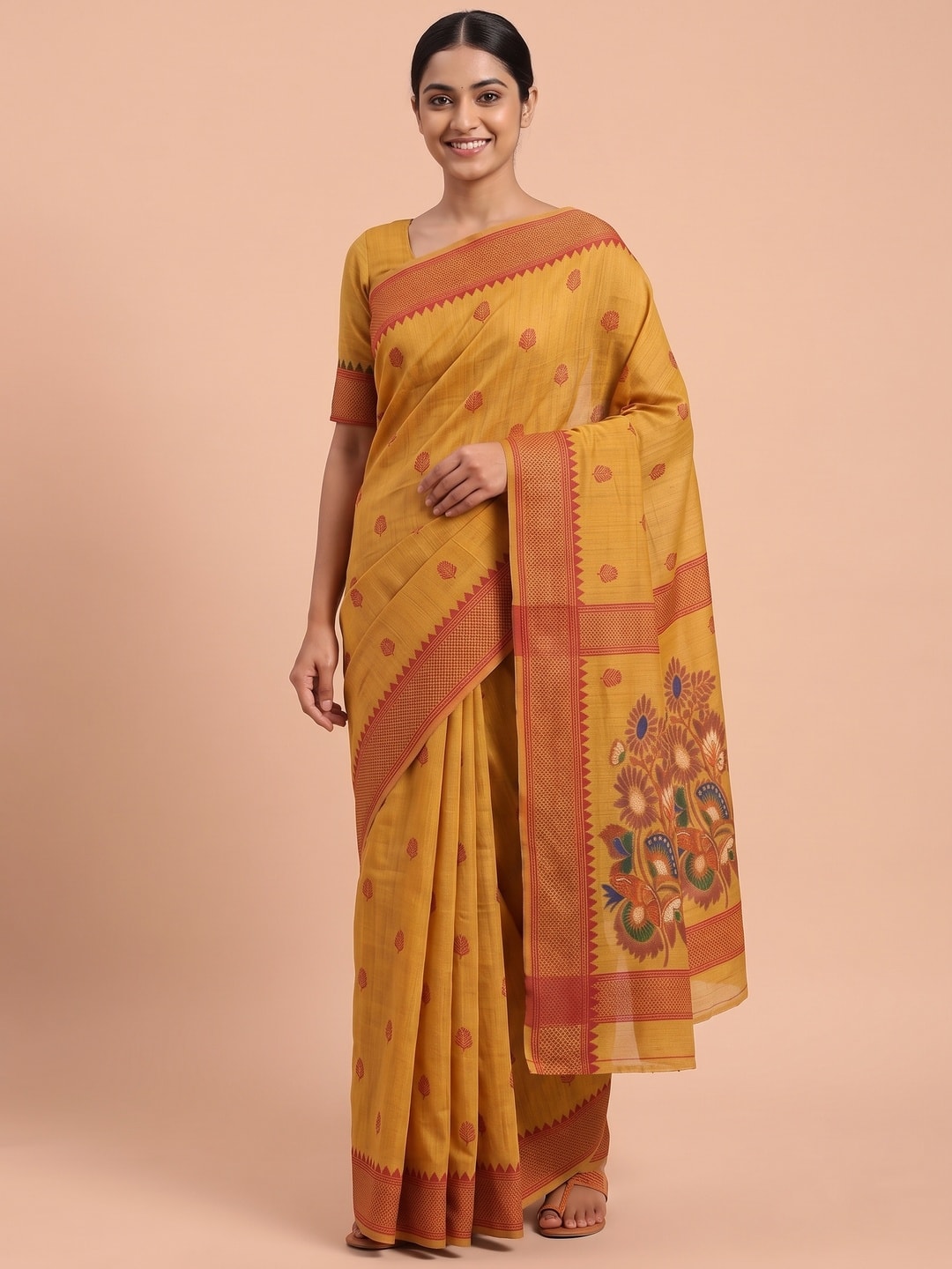 Peachmode Mustard Jamdani Cotton Woven Saree - Image 1