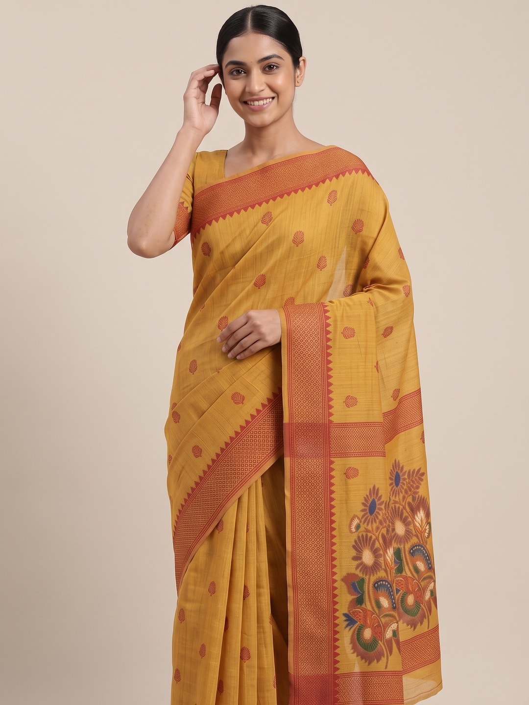 Peachmode Mustard Jamdani Cotton Woven Saree - Image 4