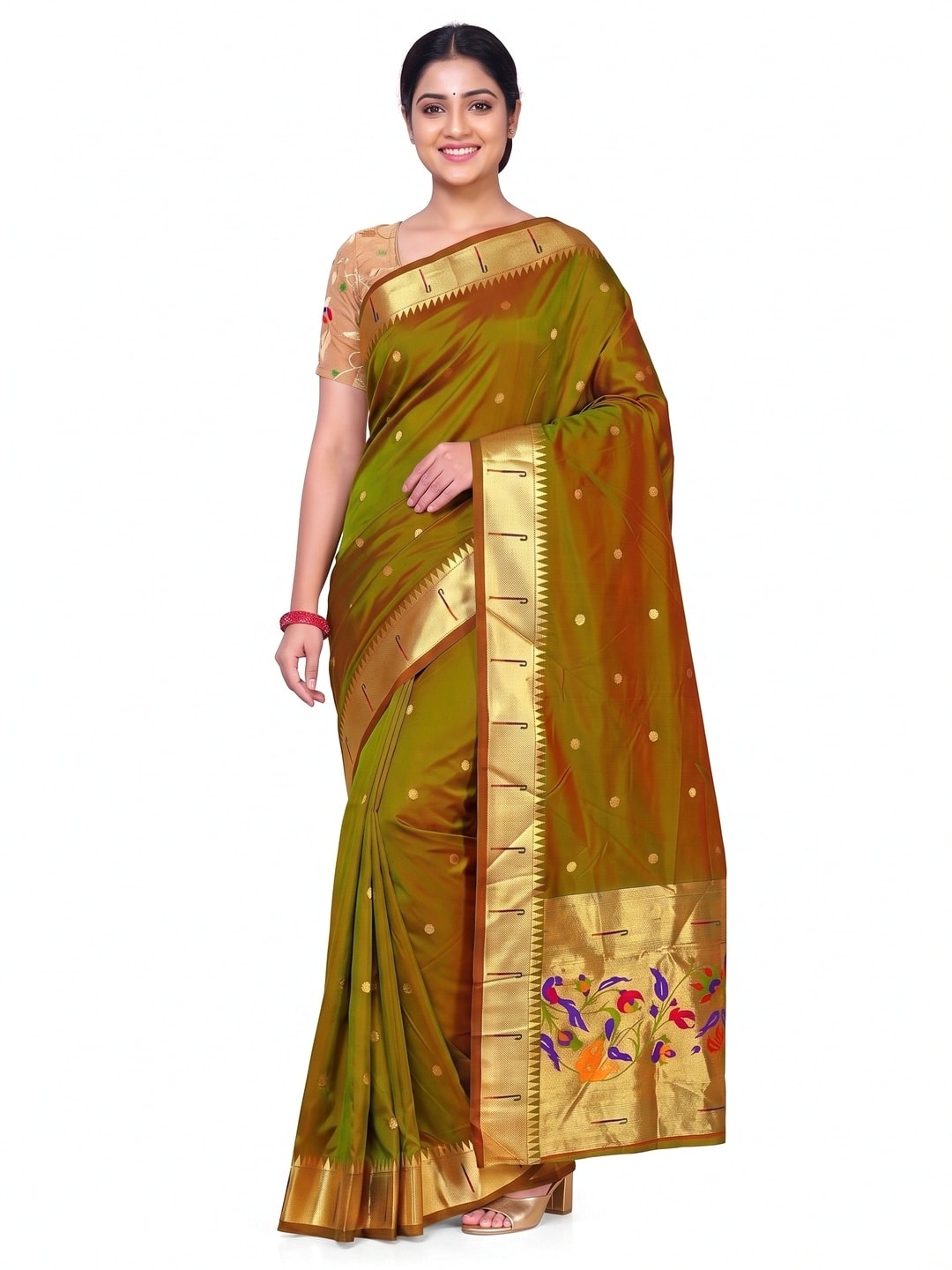 Peachmode Olive Pure Silk Peacock Woven Saree - Image 1
