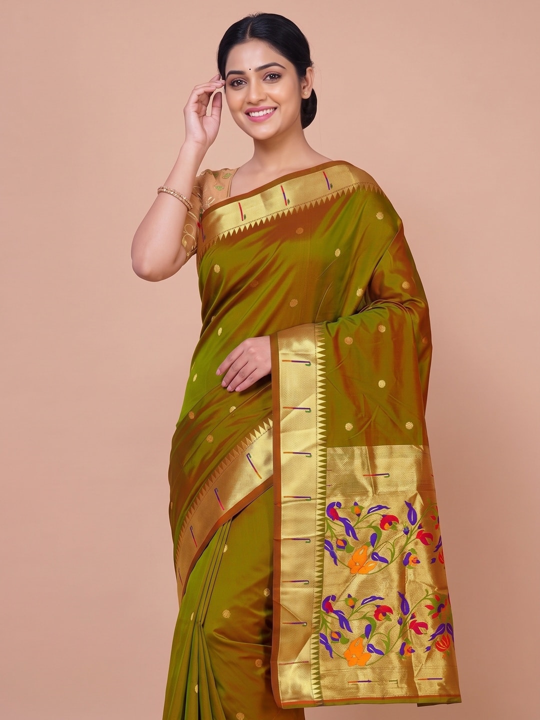 Peachmode Olive Pure Silk Peacock Woven Saree - Image 4