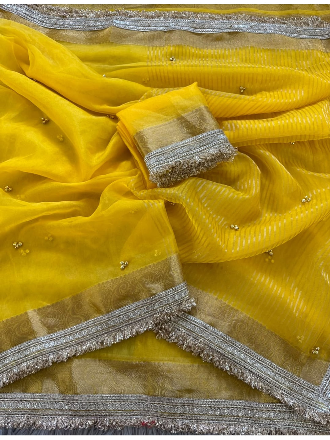 Peachmode Yellow Ghungroo Embroidered Nylon Organza Saree With Jacquard Border And Designer Lace - Image 5