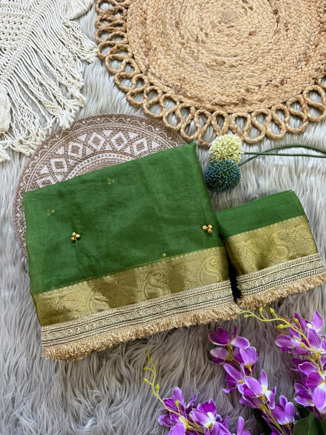 Peachmode Green Ghungroo Embroidered Nylon Organza Saree With Jacquard Border And Designer Lace - Image 4