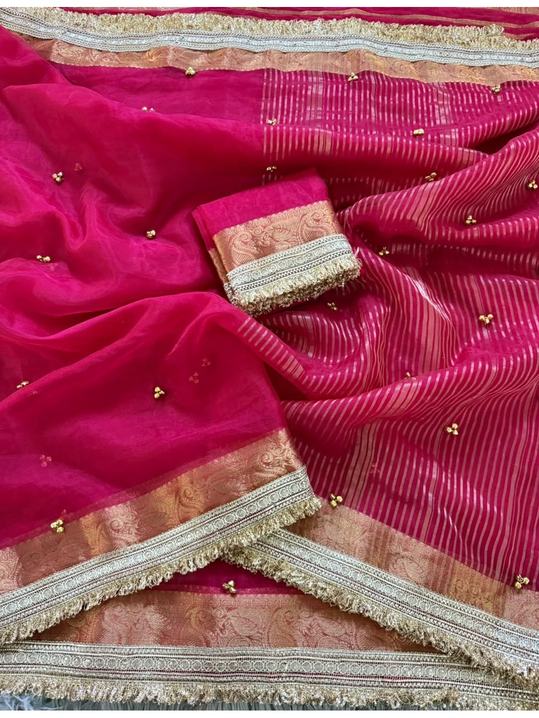 Peachmode Pink Ghungroo Embroidered Nylon Organza Saree With Jacquard Border And Designer Lace - Image 5