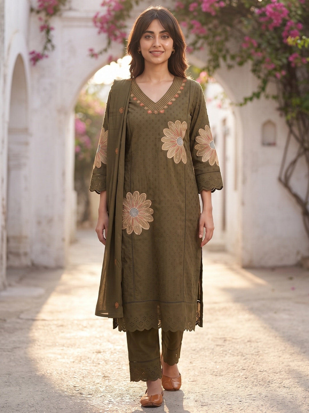 Peachmode Olive Cotton Dobby Salwar Suit With Floral Applique - Image 2