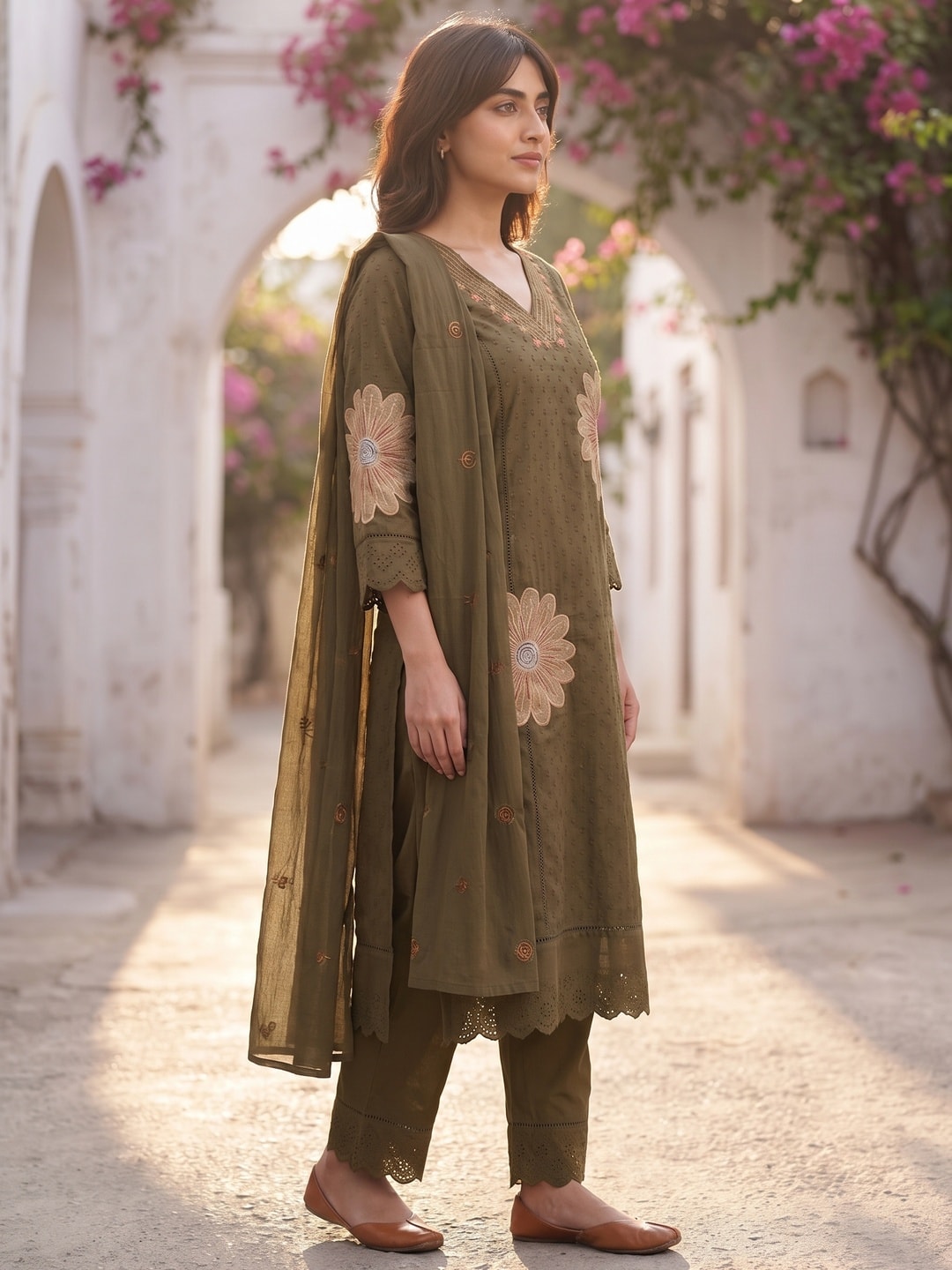 Peachmode Olive Cotton Dobby Salwar Suit With Floral Applique - Image 3