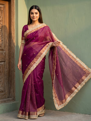 Peachmode Magenta Ghungroo Embroidered Nylon Organza Saree With Jacquard Border And Designer Lace - Image 1