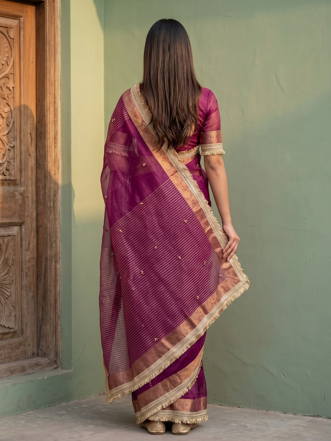 Peachmode Magenta Ghungroo Embroidered Nylon Organza Saree With Jacquard Border And Designer Lace - Image 2