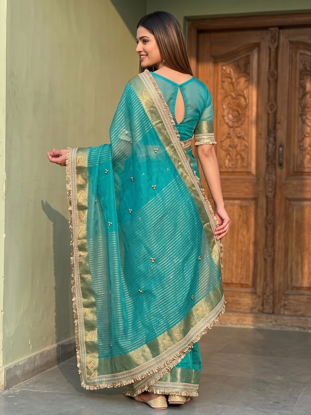 Peachmode Turquoise Ghungroo Embroidered Nylon Organza Saree With Jacquard Border And Designer Lace - Image 2