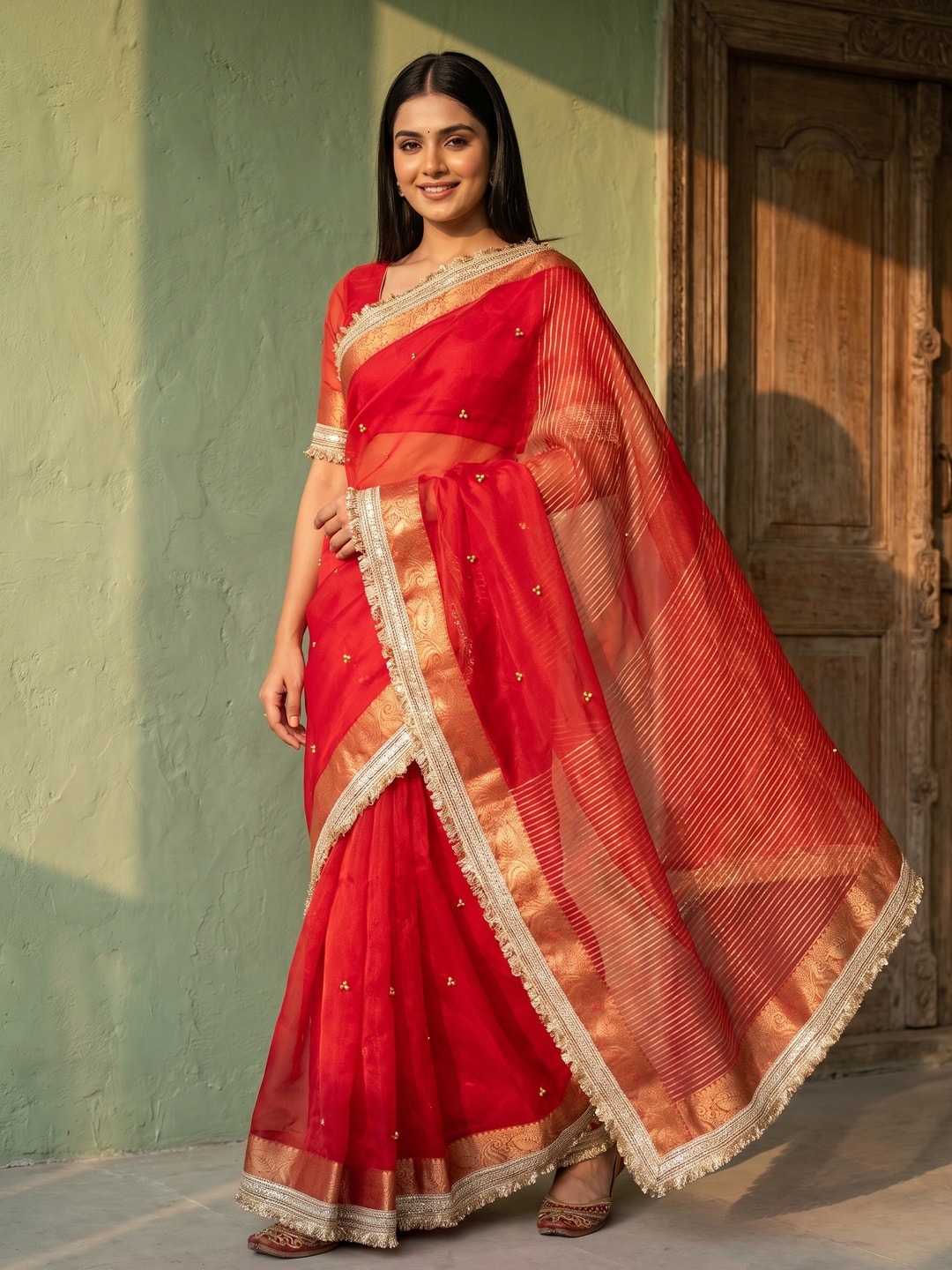 Peachmode Red Ghungroo Embroidered Nylon Organza Saree With Jacquard Border And Designer Lace - Image 1