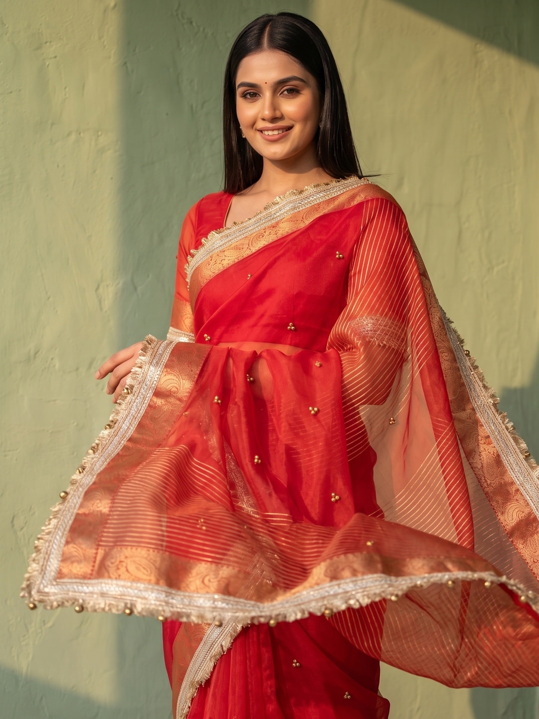 Peachmode Red Ghungroo Embroidered Nylon Organza Saree With Jacquard Border And Designer Lace - Image 3