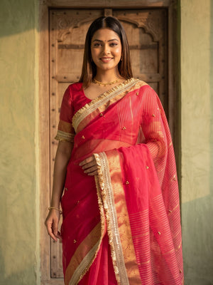 Peachmode Pink Ghungroo Embroidered Nylon Organza Saree With Jacquard Border And Designer Lace - Image 2
