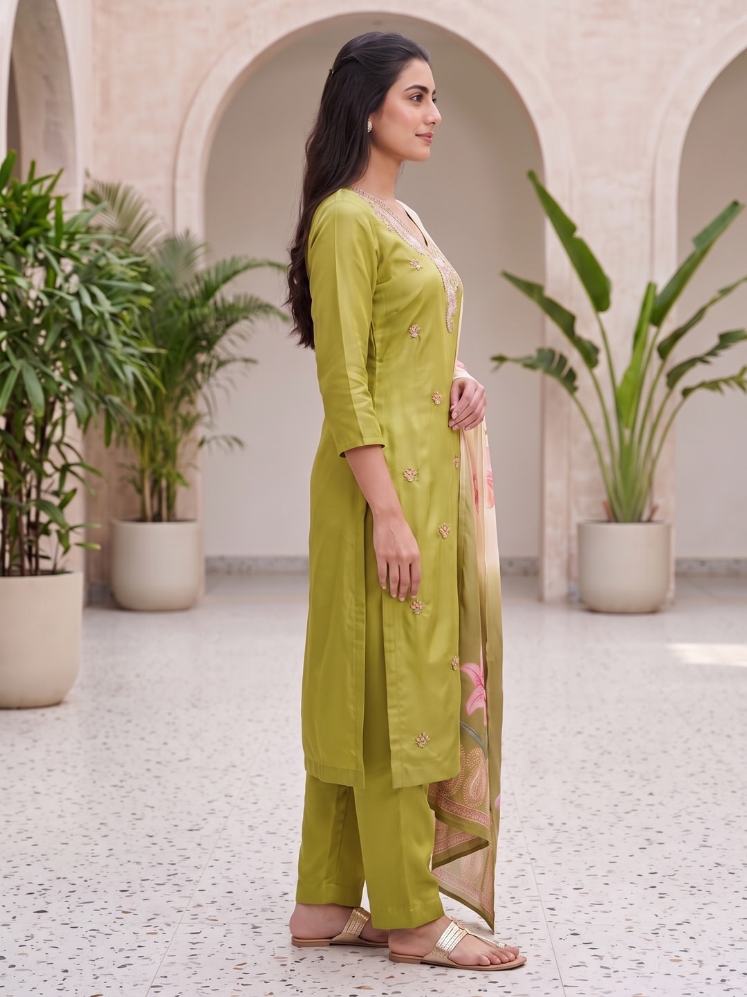 Peachmode Green Muslin Paisley Embroidered Yoke Salwar Suit With Printed Dupatta - Image 3