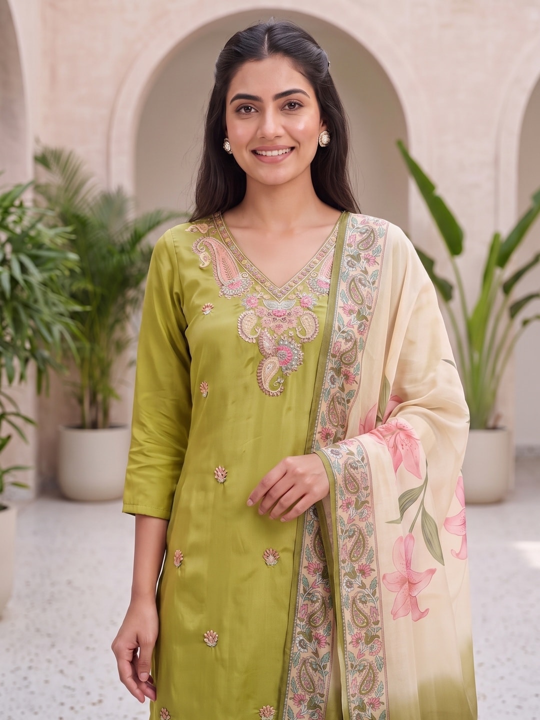 Peachmode Green Muslin Paisley Embroidered Yoke Salwar Suit With Printed Dupatta - Image 5