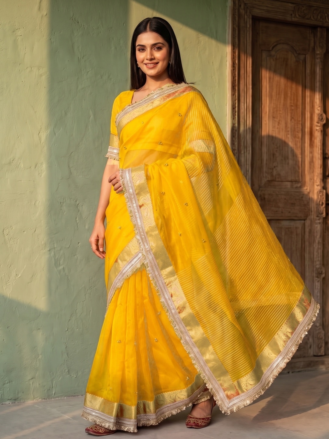 Peachmode Yellow Ghungroo Embroidered Nylon Organza Saree With Jacquard Border And Designer Lace - Image 1