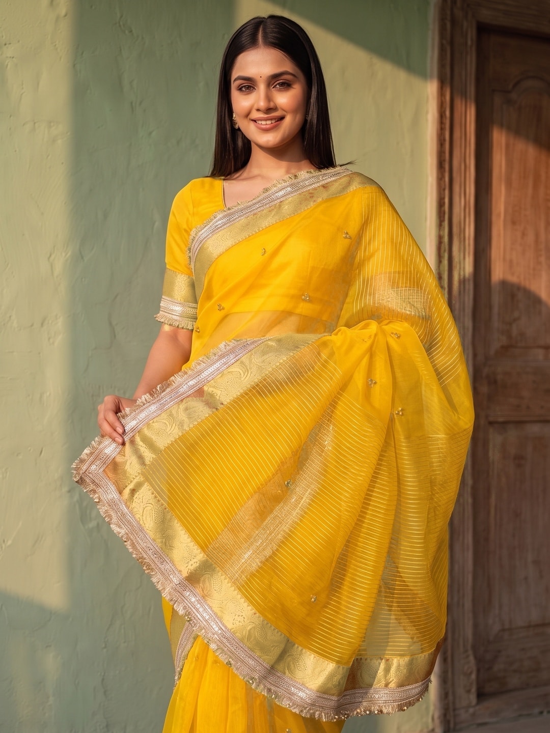 Peachmode Yellow Ghungroo Embroidered Nylon Organza Saree With Jacquard Border And Designer Lace - Image 3