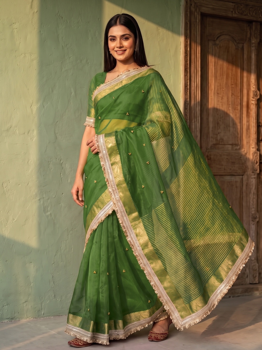 Peachmode Green Ghungroo Embroidered Nylon Organza Saree With Jacquard Border And Designer Lace - Image 1
