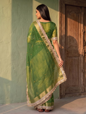Peachmode Green Ghungroo Embroidered Nylon Organza Saree With Jacquard Border And Designer Lace - Image 2