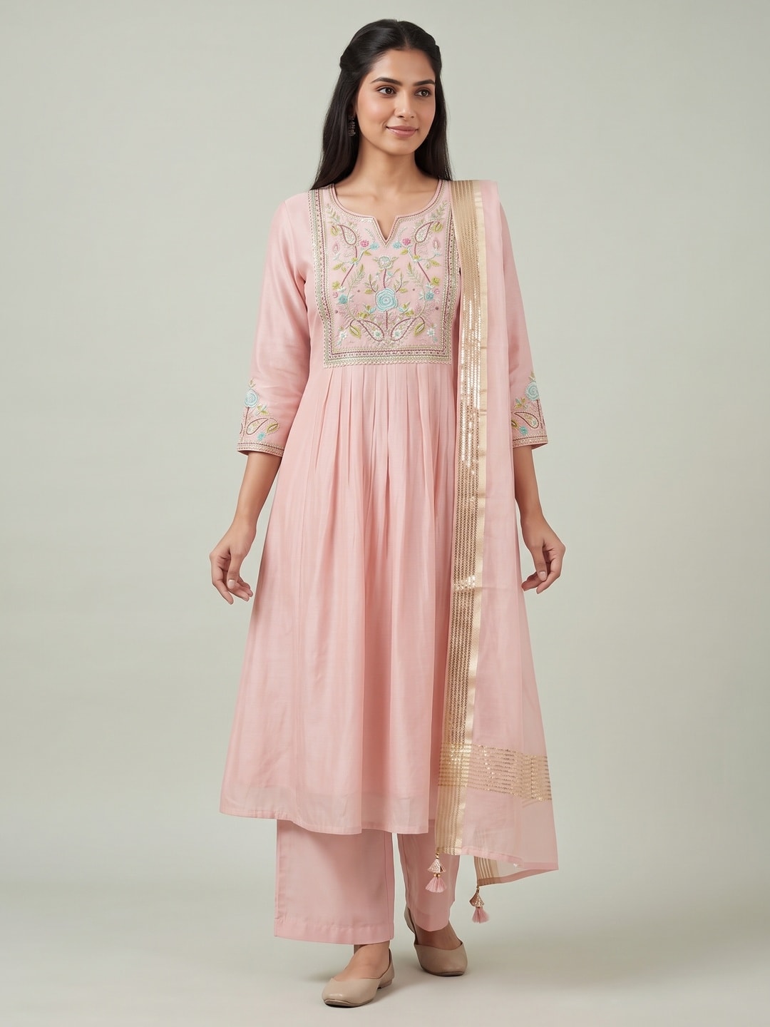 Peachmode Peach Chanderi Silk Salwar Suit With Floral Embroidered Yoke - Image 1