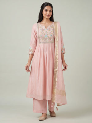 Peachmode Peach Chanderi Silk Salwar Suit With Floral Embroidered Yoke - Image 1