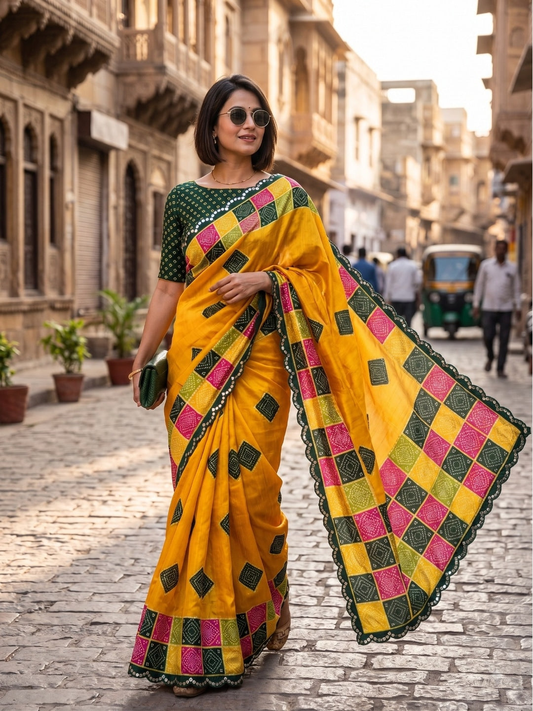 Peachmode Yellow Turki Silk Saree With Bandhani Patchwork And Mirror Work Border - Image 1