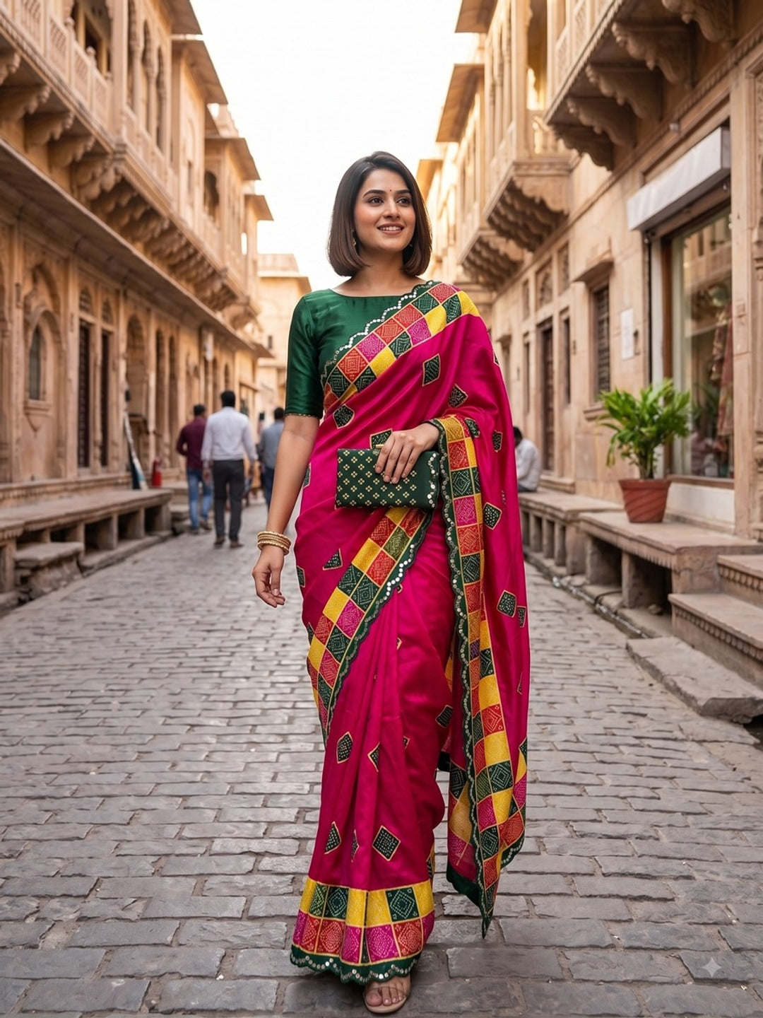 Peachmode Pink Turki Silk Saree With Bandhani Patchwork And Mirror Work Border - Image 1