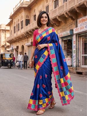 Peachmode Blue Turki Silk Saree With Bandhani Patchwork And Mirror Work Border - Image 1