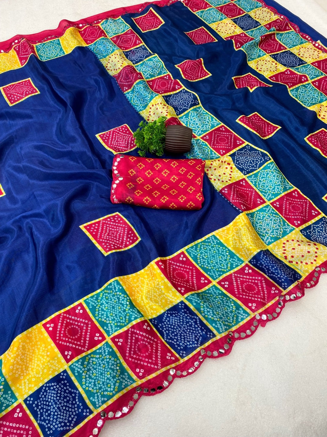 Peachmode Blue Turki Silk Saree With Bandhani Patchwork And Mirror Work Border - Image 4
