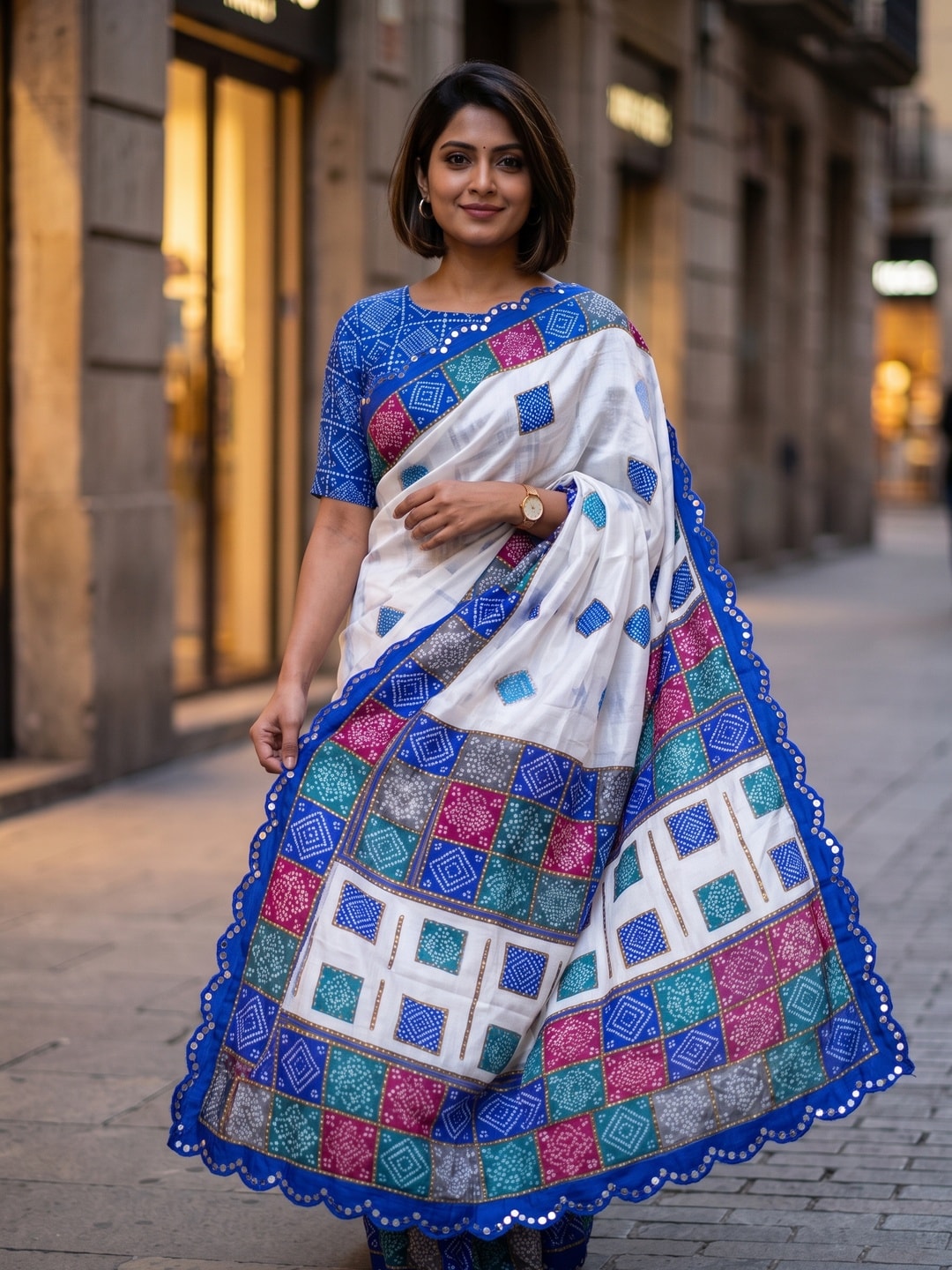 Peachmode White Turki Silk Saree With Bandhani Patchwork And Mirror Work Border - Image 3