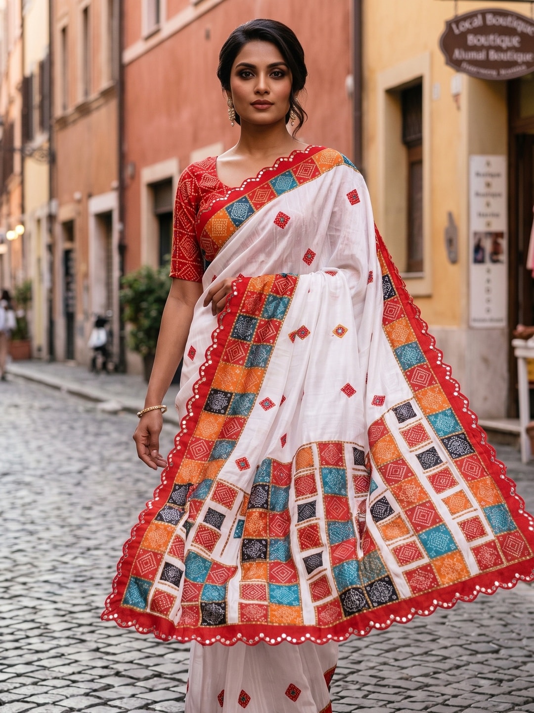 Peachmode White Turki Silk Saree With Bandhani Patchwork And Mirror Work Border - Image 3